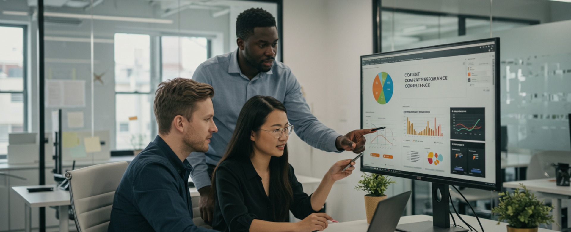 Team reviewing data on screen